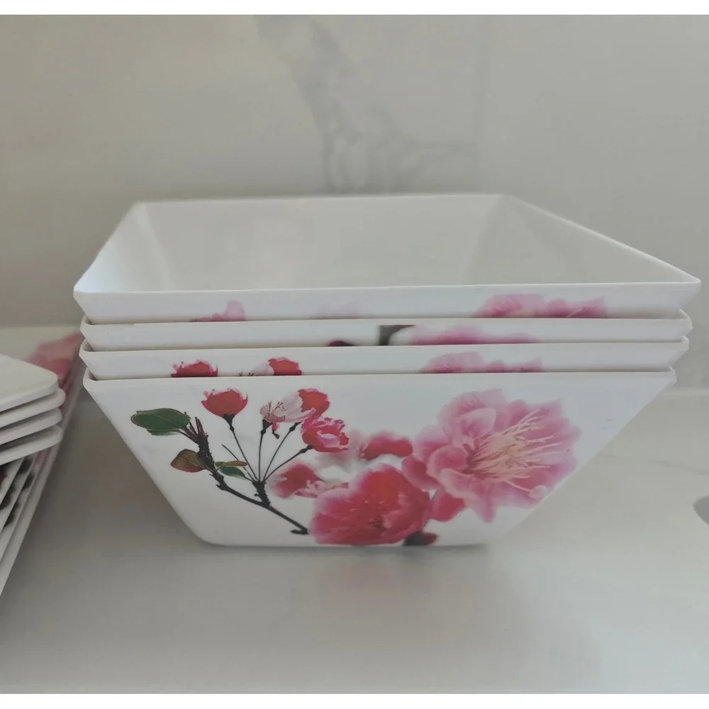 13pc Melamine Dinnerware Set Pink Cherry Blossom Square Plates Serving Bowls
